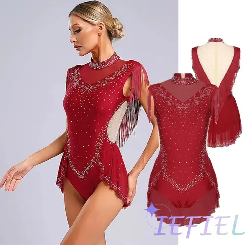 Ropa deportiva para gimnasia artística con empalme de diamantes de imitación brillantes para mujer, Ropa de baile de Jazz, mono de patinaje artístico con falda con borlas