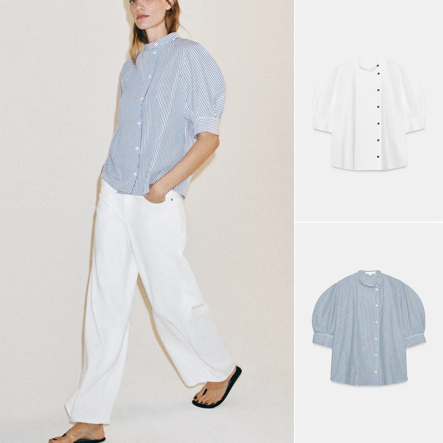 Summer New Women's Shirt Zhongshan Collar Bubble Short Sleeve Button Decor Straight Hemline Polyester Fiber Skin-friendly Bre...