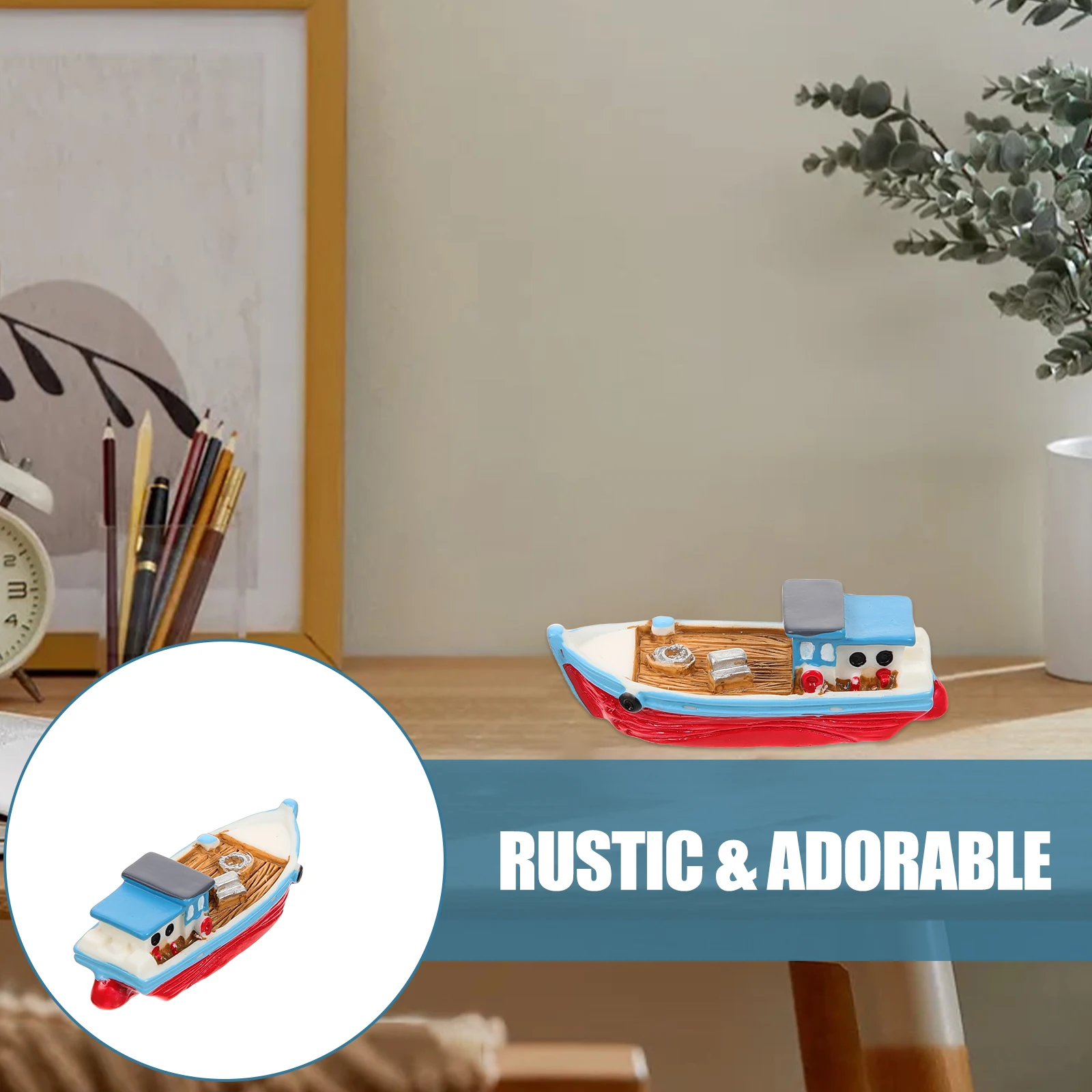 地中海スタイル樹脂製ミニボートオーナメント、デスクトップデコレーション、DIYマイクロランドスケープ、頑丈なミニチュアビーチシーンデコレーション