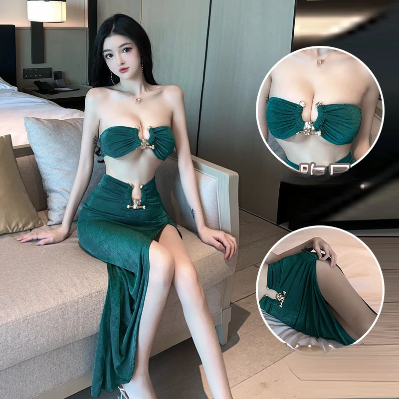 

Black Green Exotic Sets Sexy Erotic Lingerie Bustier Temptation Tight High Open Fork Package Hip Long Dress Nightclub Prom Set