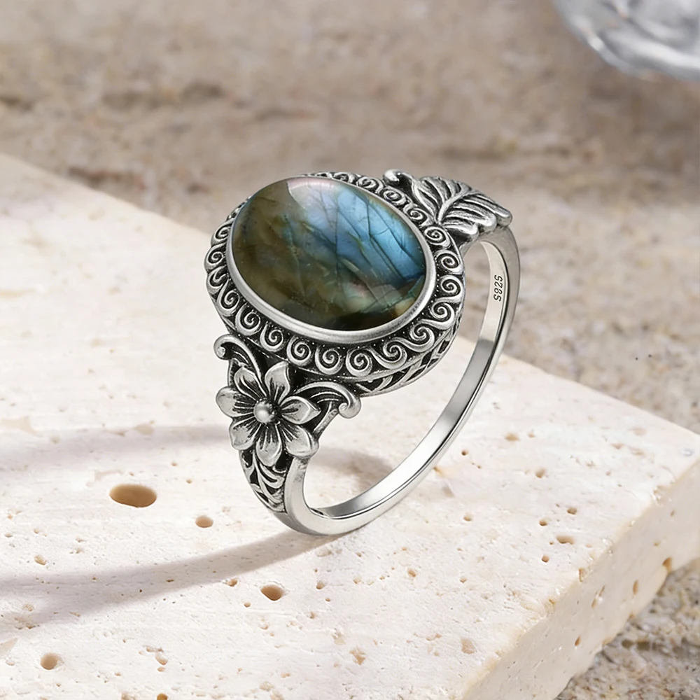 

Vintage 925 Sterling Silver Natural Labradorite Rings Oval Shape 10*14MM Large Stone and Flower Retro Silver Jewelry For Women
