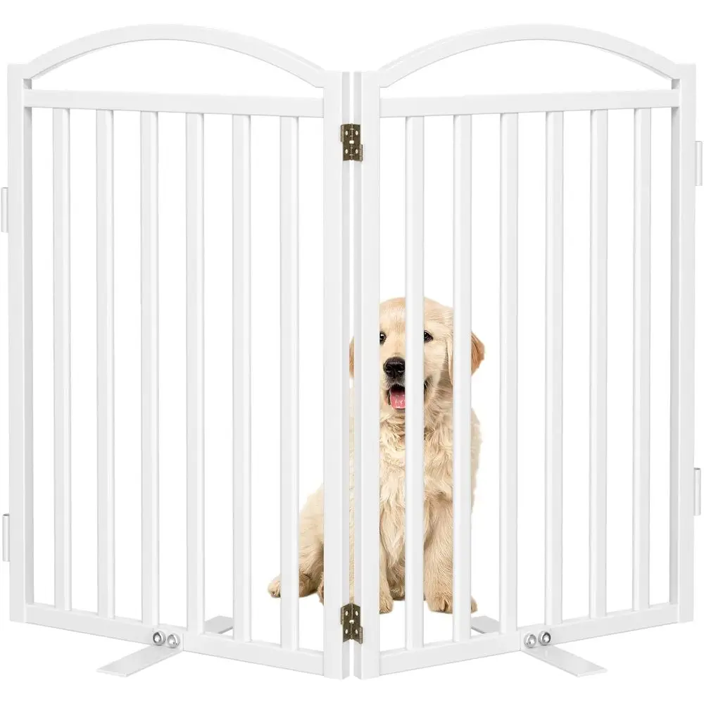

Metal Freestanding Dog Gates with Door, 32'' Height Outdoor Indoor Dog Fences, Extra Wide Foldable Puppy Gate for Stairs (White,