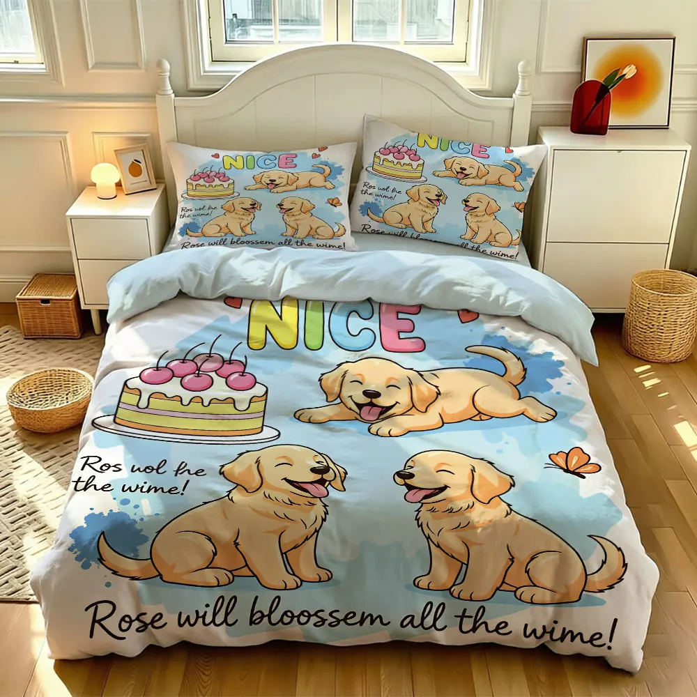 3‑Pieces Golden Retriever Puppy Cake Print Bedding Set Without Filler Duvet Cover 2 Pillowcases Soft Comfortable Machine Wash