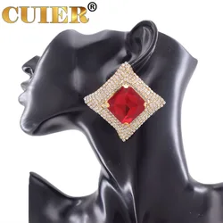 Superior Stereoscopic Square Ear Studs for Women Big Golden Geometric Earring Jewelry Glass Gemstone Top quality
