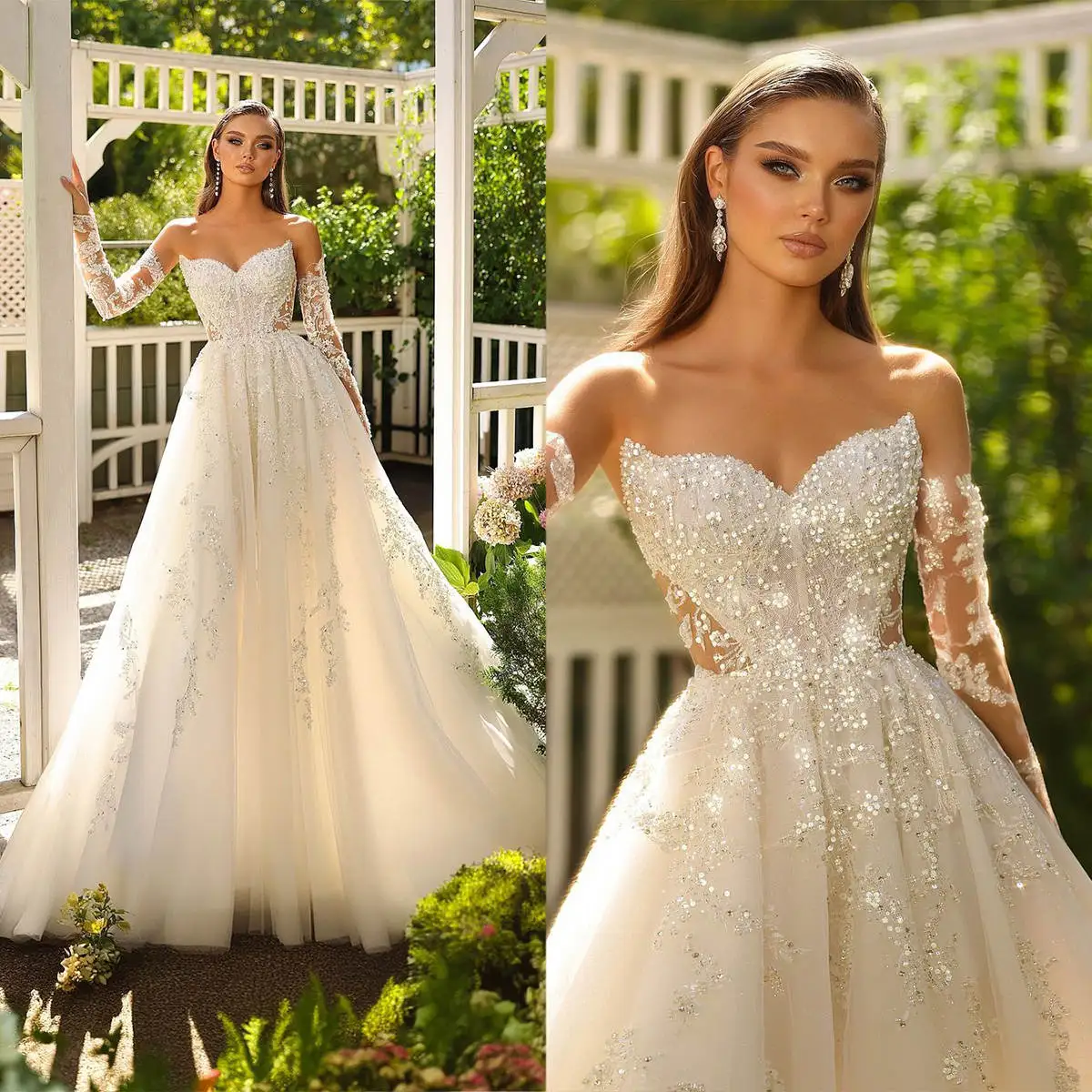 Classic Wedding Dress For Women Sweetheart Neck Removable Sleeveless Bridal Gown Sequins Beaded Sweep Train Customized Dresses