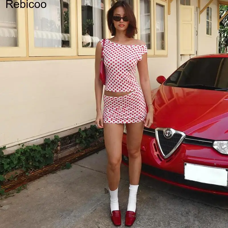 Women's Polka Dot Two-Piece Set with Short Sleeve Top and Mini Skirt, Stretchy Fit Summer Casual Outfit for Daily Wear
