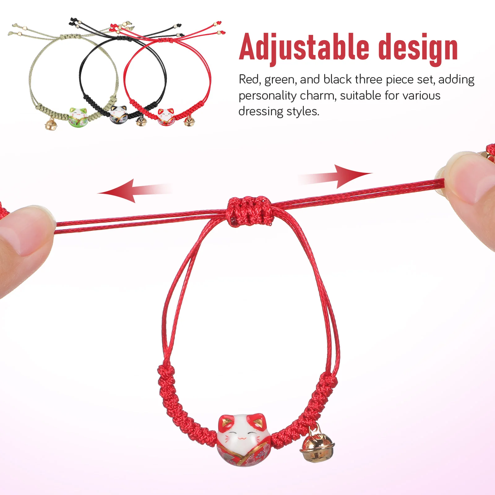 Pulsera de gato Maneki Neko, amuleto de la suerte, cuerda ajustable, cascabel, pulsera de la fortuna japonesa, regalos de estilo minimalista, 3 uds.