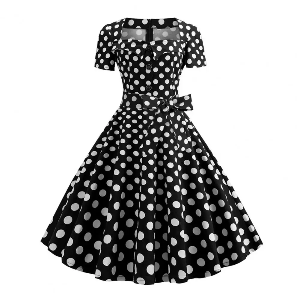 Robe mi-longue trapèze vintage avec col carré pour femme, décor de nœud ceinturé, décor de boutons rétro, imprimé à pois, pin-up, Rhdes années 1950