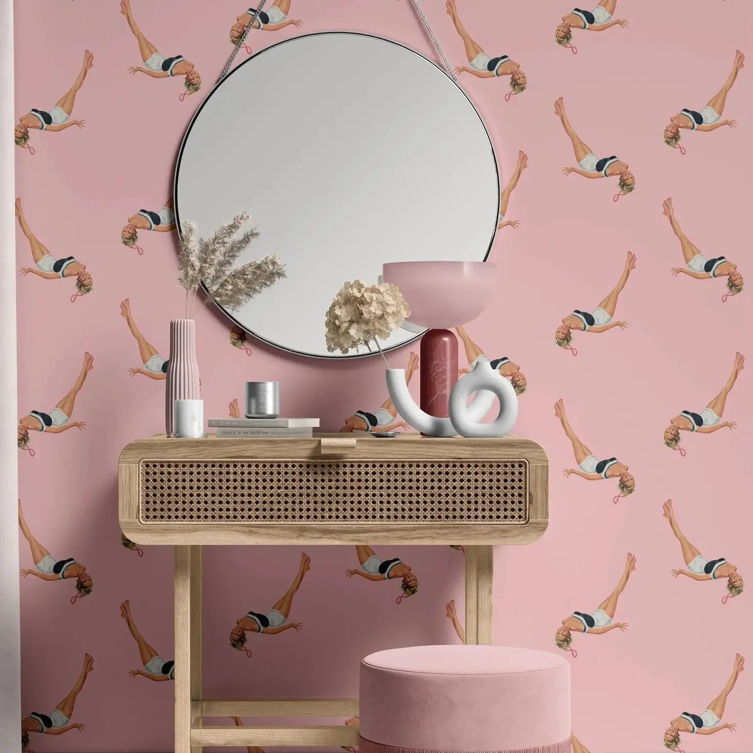 Retro Pink Falling Girl Peel and Stick Wallpaper,Vintage Collage Contemporary Wall Paper For Home Decor,Self Adhesive / Un-paste