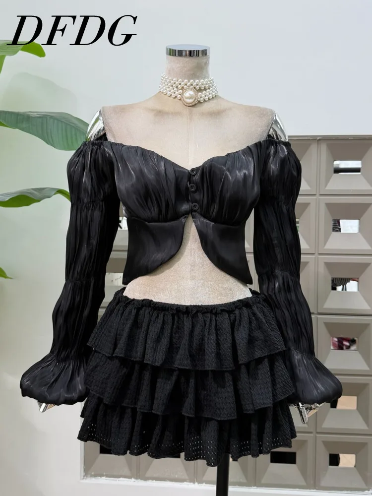 

DFDG 2025 весна-лето женский комплект из 2 предметов с открытыми плечами и длинными рукавами, укороченный мерцающий топ, юбка-миди с высокой талией, элегантный комплект