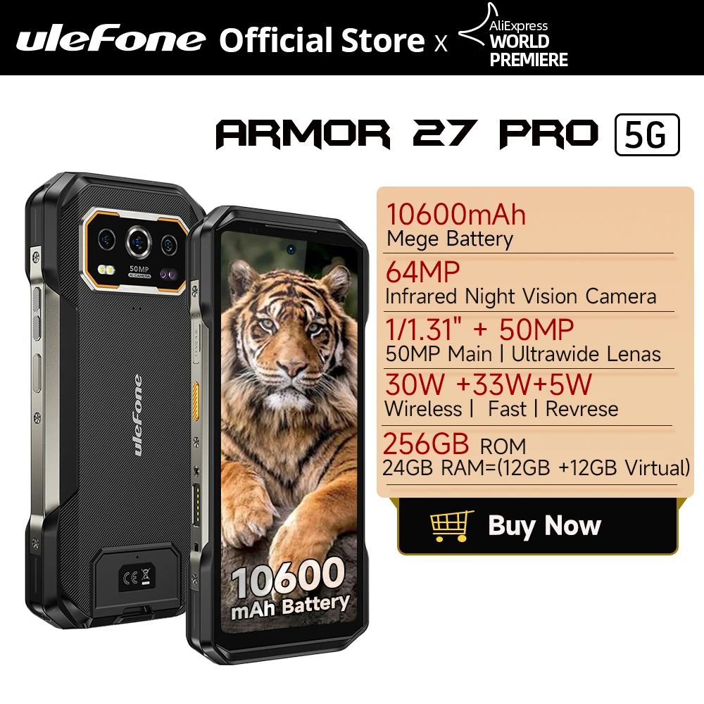 【World Premiere】Ulefone Armor 27 Pro 5G Smartphone 10600mAh 50MP+50MP Camera 64MP Night Android 14 Up to 24GB+256GB NFC