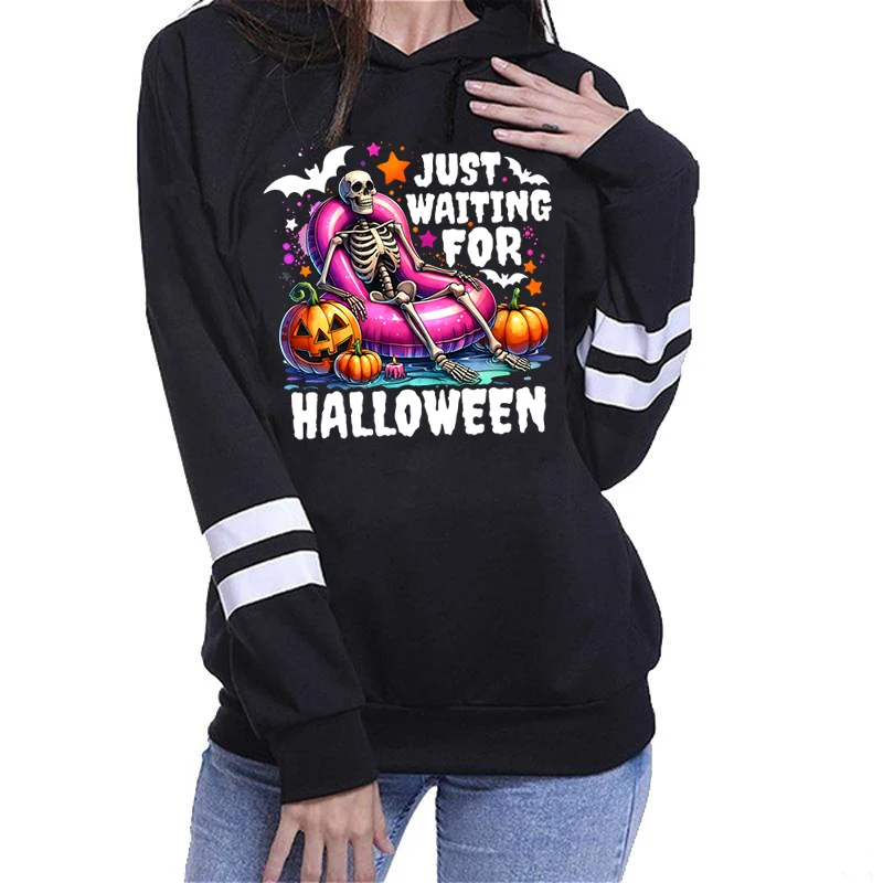 New Fashion Hot Selling Women Long Sleeve Hoodie Skeleton Just Waiting For Halloween Print Outdoor Tops Trend Women's Top Hoodie