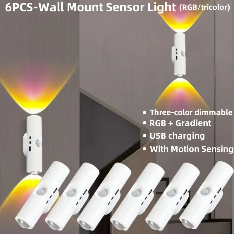 

1/2/4/6pcs Wall Mounted Induction Light LED Smart Light USB Rechargeable Dimmable Bedroom Night Light Indoor Living Room