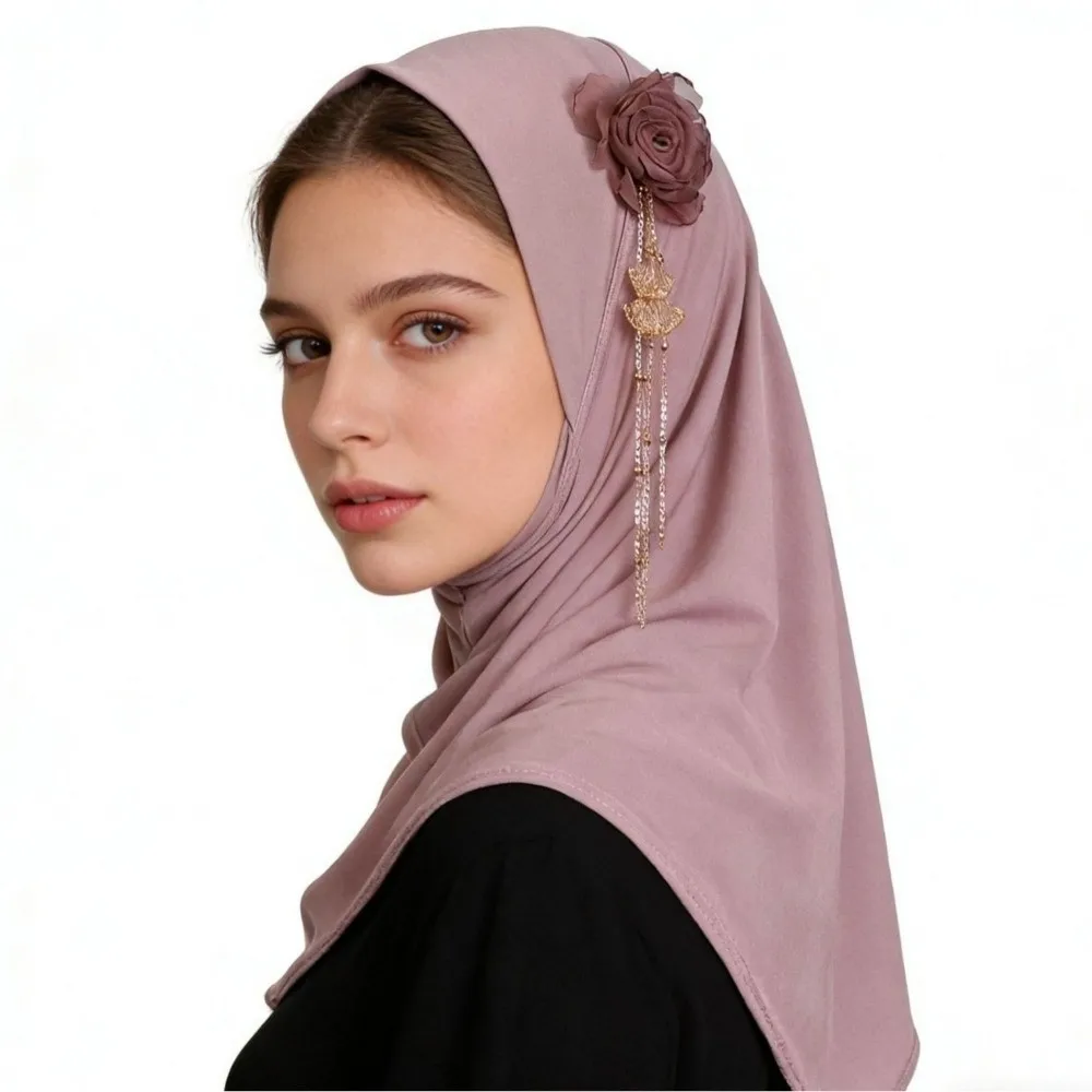 Comfort Round Edge 3D Flower Tassel Hijab Solid Color Stretch Head Scarf Lightweight High-Elasticity Head Wrap Festival Prayer