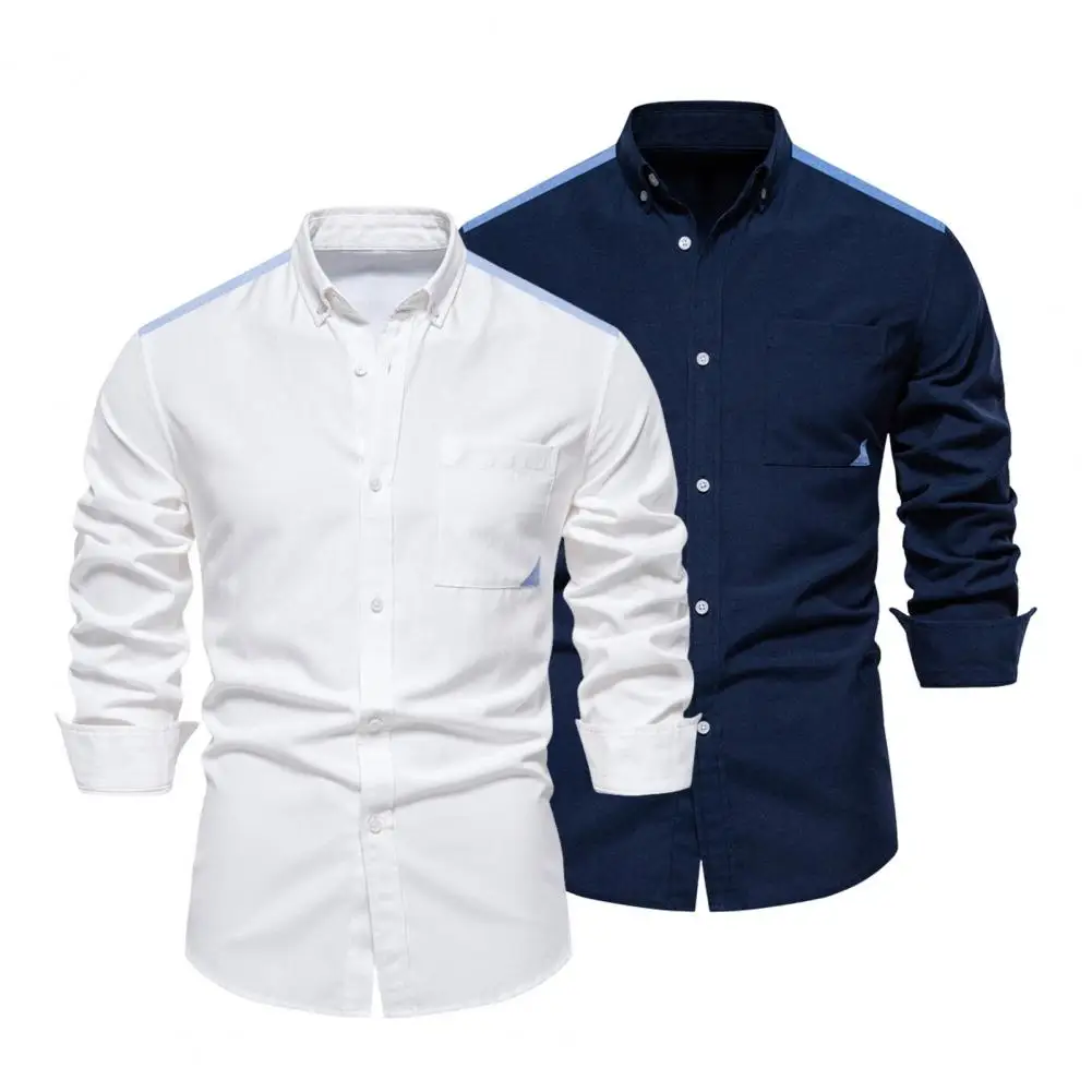 Elegante camisa de negócios masculina, slim fit, gola de lapela, leve, formal, primavera, outono