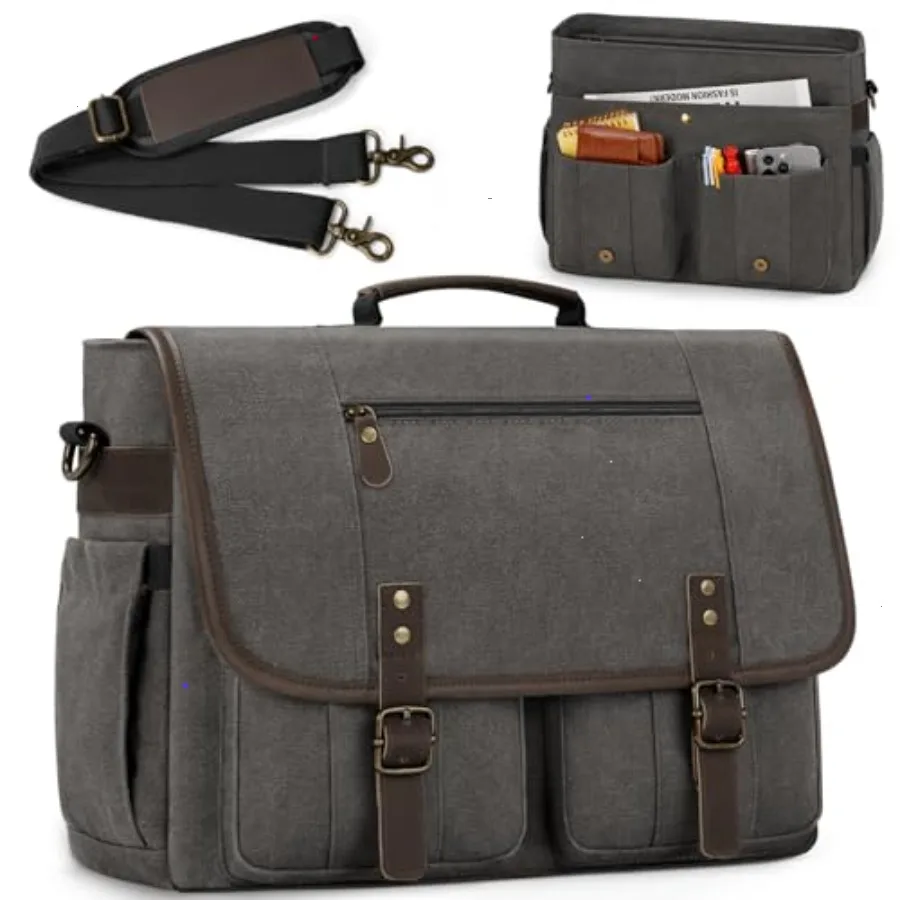 

Mens Messenger Bag 17-17.3 Inch Vintage Canvas Briefcase Water-resistant Large Computer Laptop Bag Rugged Satchel Shoulder Bag
