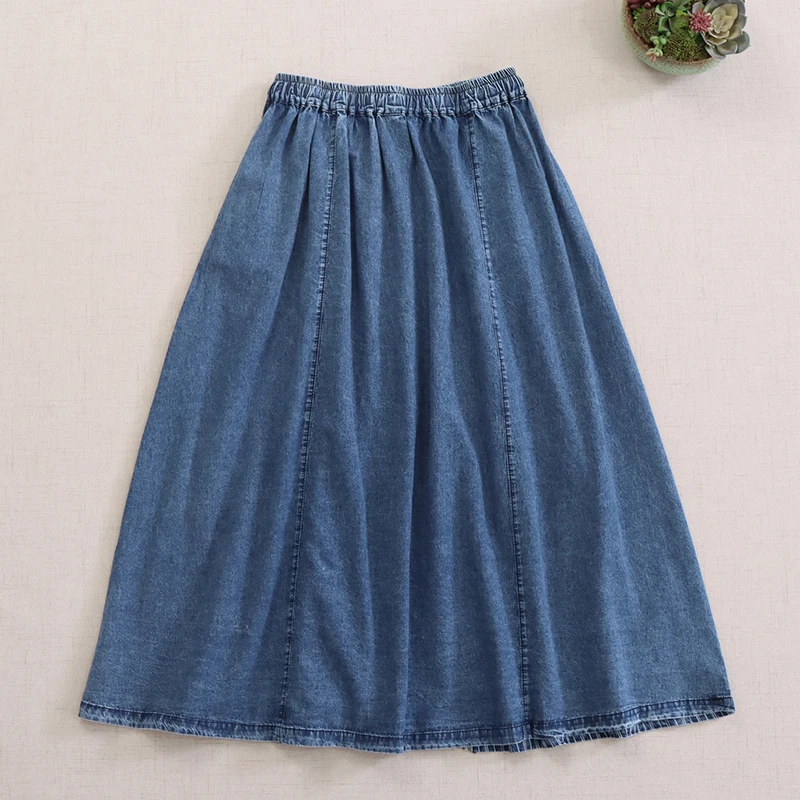 Spring Summer New Japanese Vintage Plaid Patchwork Denim Cotton Skirt Women Drawstring Waist Casual Loose A-Line Skirts