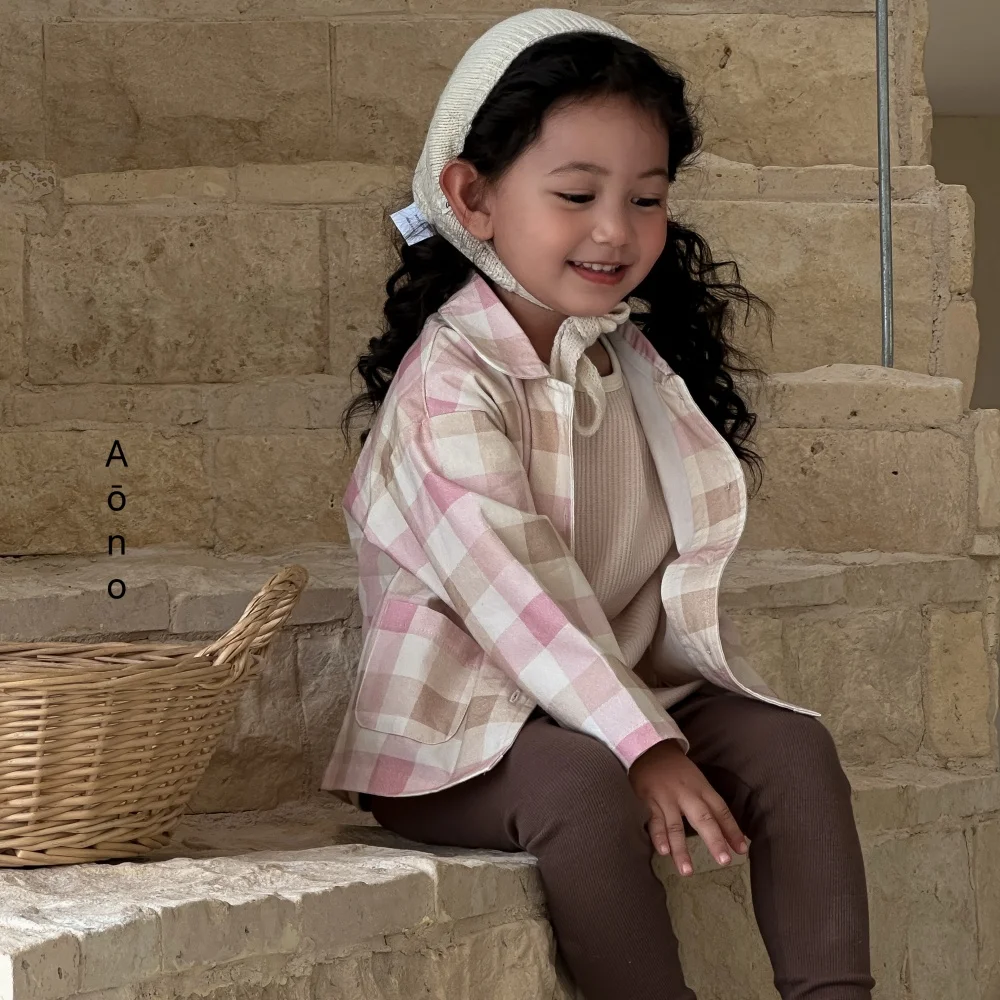

Сезонная куртка в корейском стиле для маленьких девочек, розовое клетчатое пальто, весенне-осенний кардиган для малышей, топы с отложным воротником и длинными рукавами