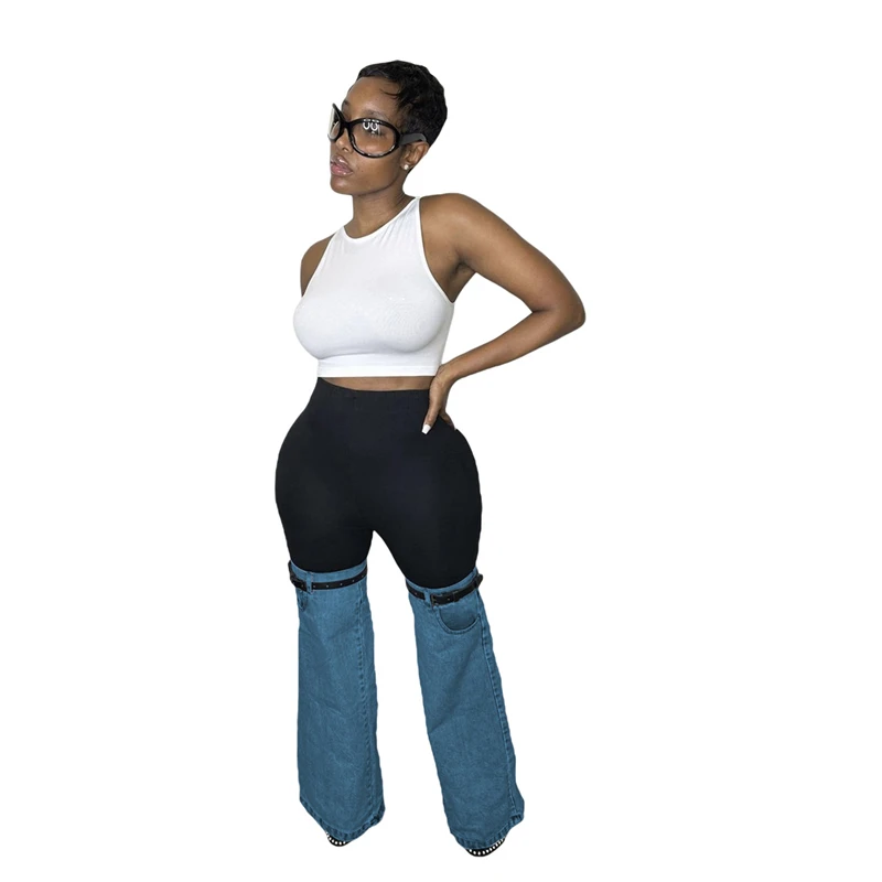 

Women Patchwork Jeans Flare Pants with Belt Elastic High Waist Slim Boot Cut Denim Trousers Fashion Casual Bottom