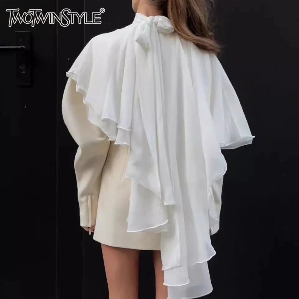 Twotwinstyle sólido emendado babados blusas casuais soltas para mulheres o pescoço sem mangas camisas minimalistas femininas