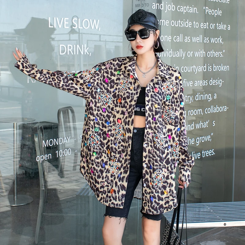 

Tide Brand Leopard Shirt Coat Woman 2023 New Heavy Industry Printed Nail Beads Inlaid With Diamond Leopard Shirt Jacket Thin