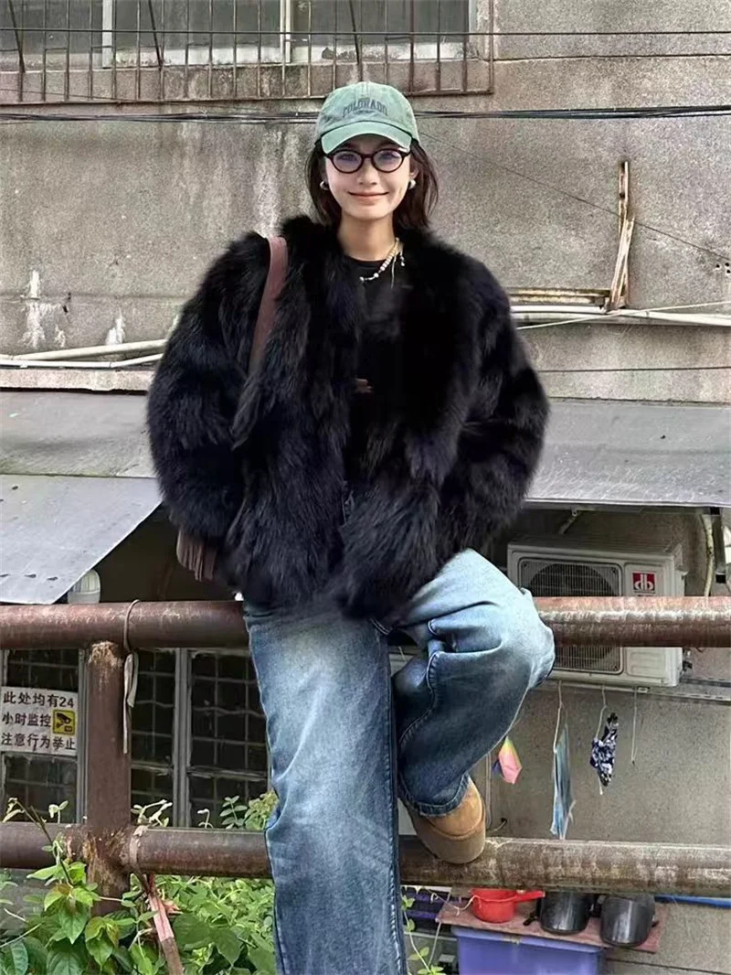 2024 Imitation Fox Fur Eco Friendly Fur Coat Cardigan Women\'s Winter New Black Short Style Slim and Fashionable Young Fur Coat