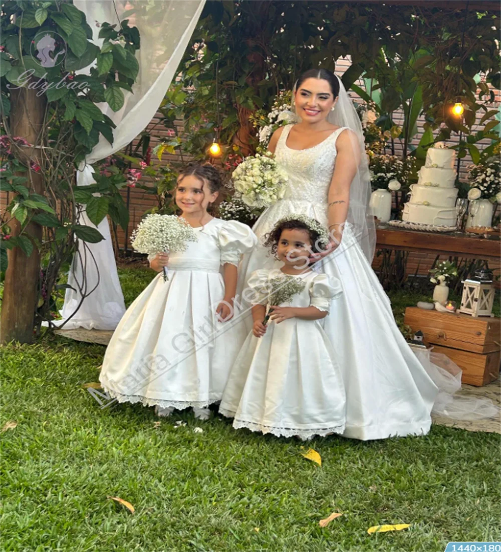 White Satin Flower Girl Dress Lace Edges Short Sleeve Suitable For Children's First Communion Bridesmaid Custom Dress