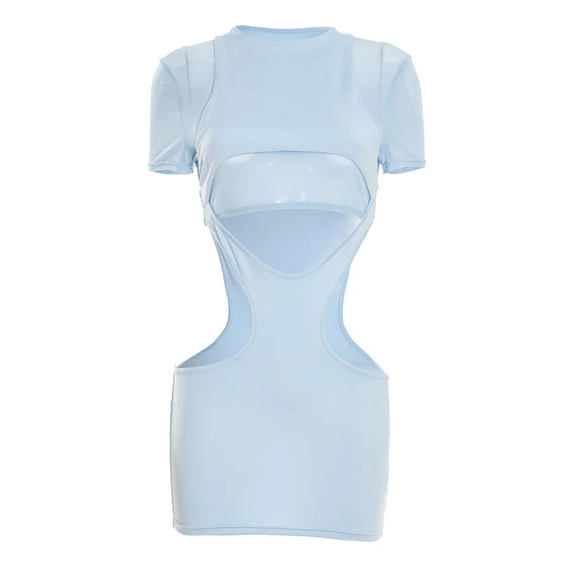 Sexy slim fit mesh short top+hollowed out skirt two-piece set