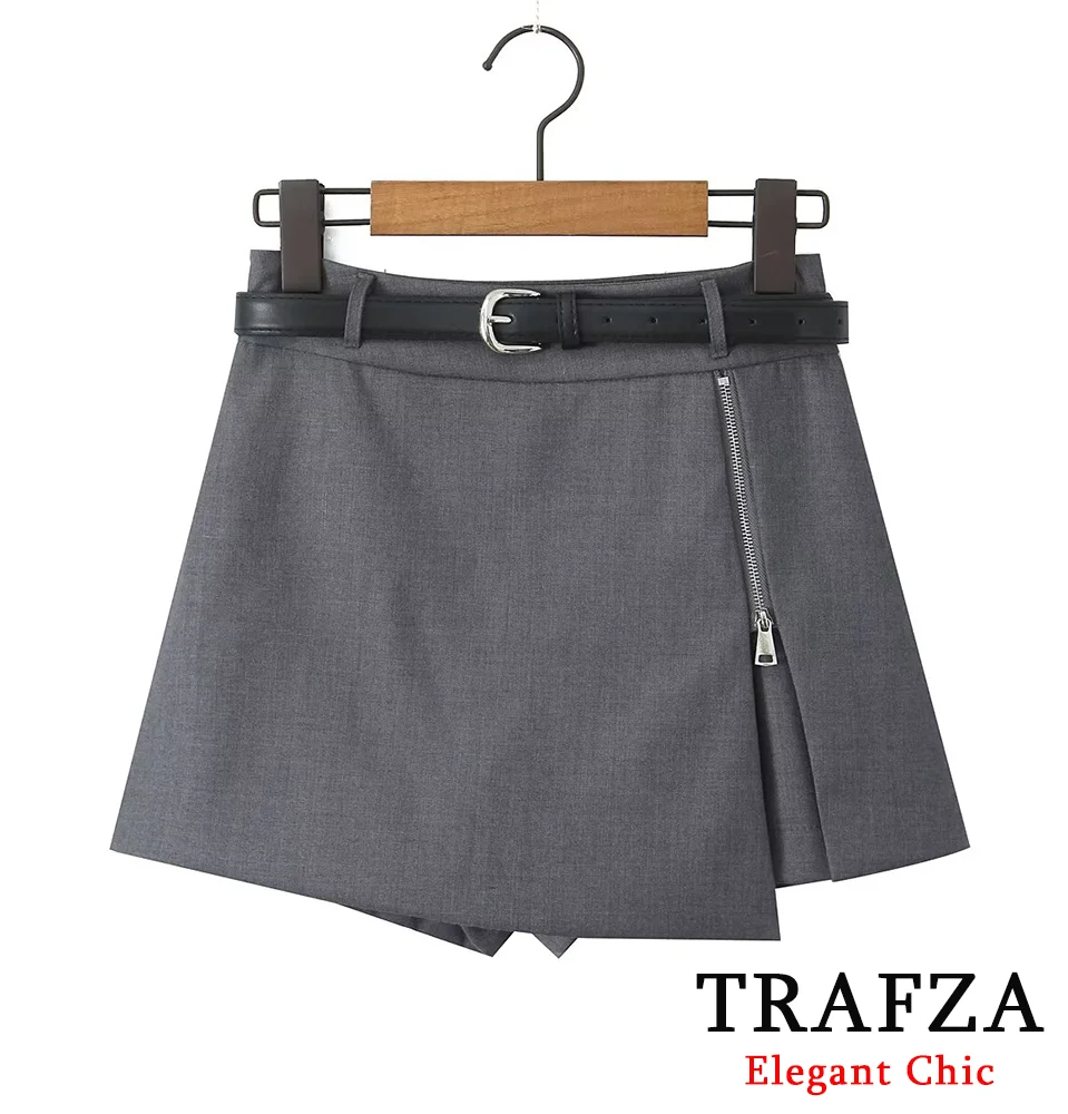 

TRAFZA Asymmetrical Gray Skort with Belt and Zipper Detail Trendy Women's Mini Wrap Skirt Shorts New 2024 Spring Summer Fashion