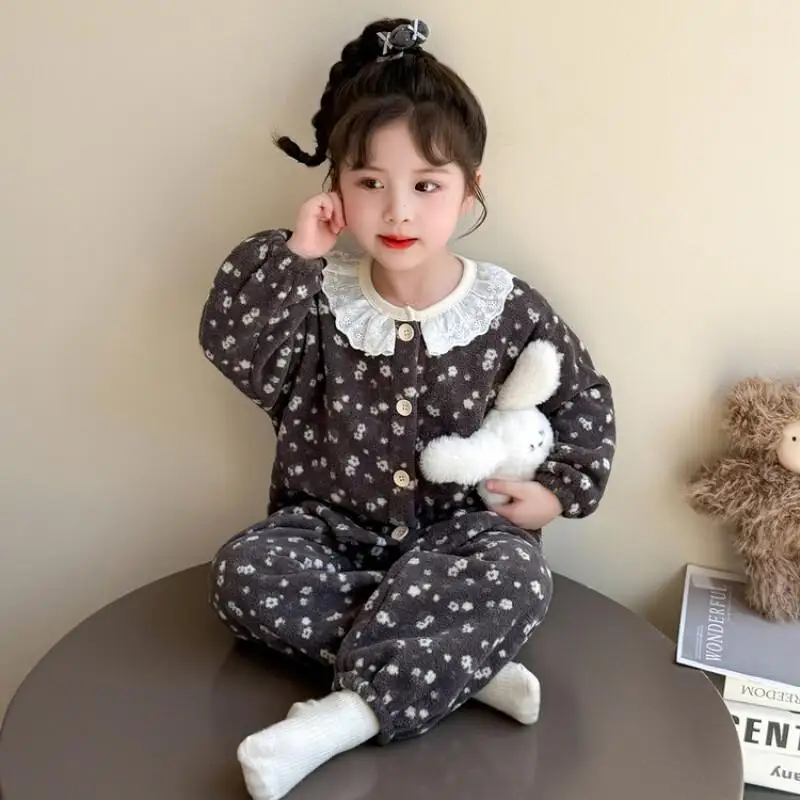 الفانيلا المنزل اثنين الفتيات الخريف الشتاء مجموعة الطفل سميكة الدافئة الأطفال Kawaii معطف غير رسمي القمم قطعة المرجان المخملية بيجامة غرزة' #2