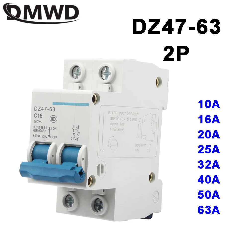 DMWD DZ47-63 10A 16A 20A 25A 32A 40A 50A 63A 2P AC 400V Mini disjoncteur MCB interrupteur de découpe interrupteur Chopper