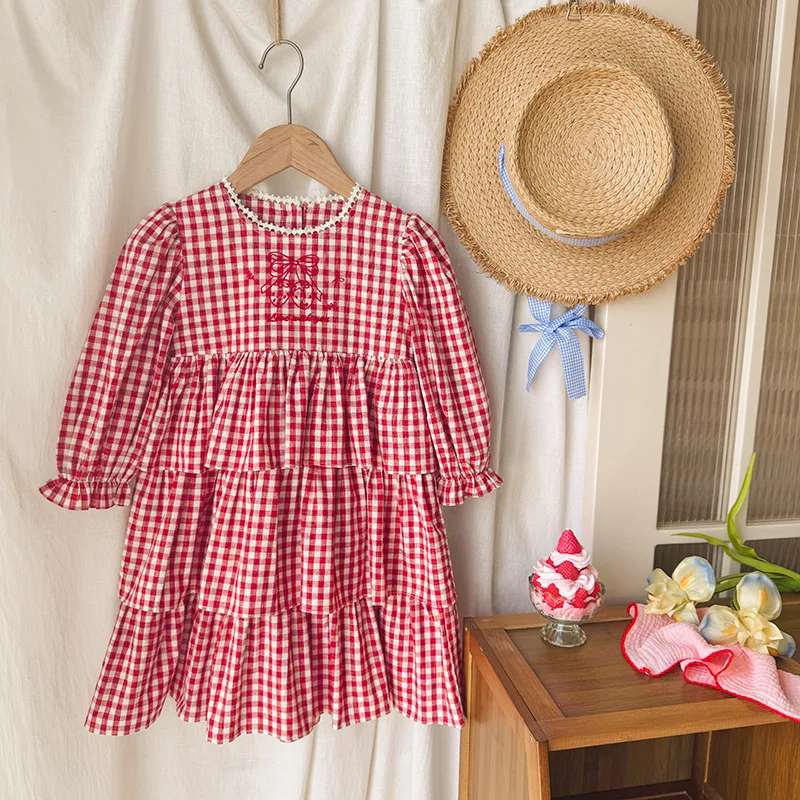 New Girls Long‑Sleeve Dress for Autumn, Sweet Strawberry Embroidery Round Neck Lace Trim Red Plaid Tiered Cake Dress for Kids