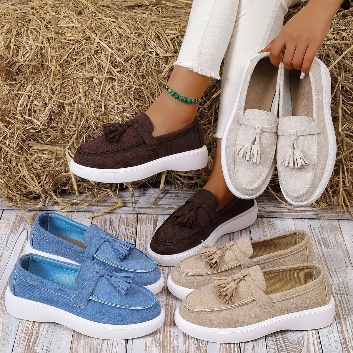 Nuevos Zapatos Planos de Mujer de Gamuza con Borlas Hechas a Mano, Decoración Sólida, Estilo Casual, Tipo Náutico, para Uso Diario y Oficina, Diseño Conciso