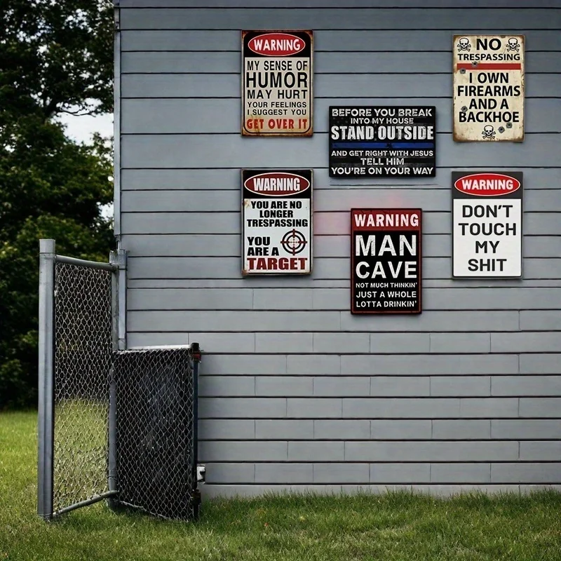 【2D Flat】6pcs Retro Humorous Caution Signs, Vintage Metal Wall Art for Home, Office, Pub, Man Cave, Garage Decor, 12X8 Inches, Amusing Gift for Men