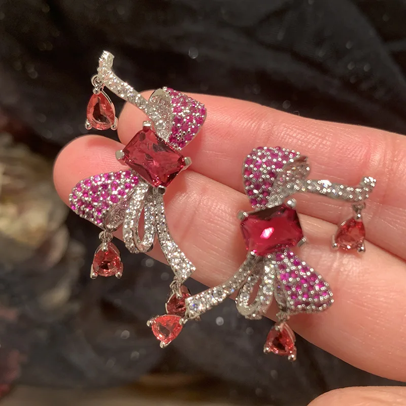 

Unique Cubic Zirconia Bowknot Earrings for Women Fashion Cute Jewelry in Fushia Pink Green White Colors