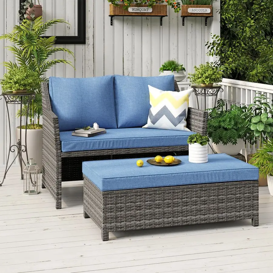 2Piece Outdoor Patio Furniture Wicker Loveseat and Coffee Table Set, with Builtin Storage Bin, Grey Rattan, Navy Blue Cushions