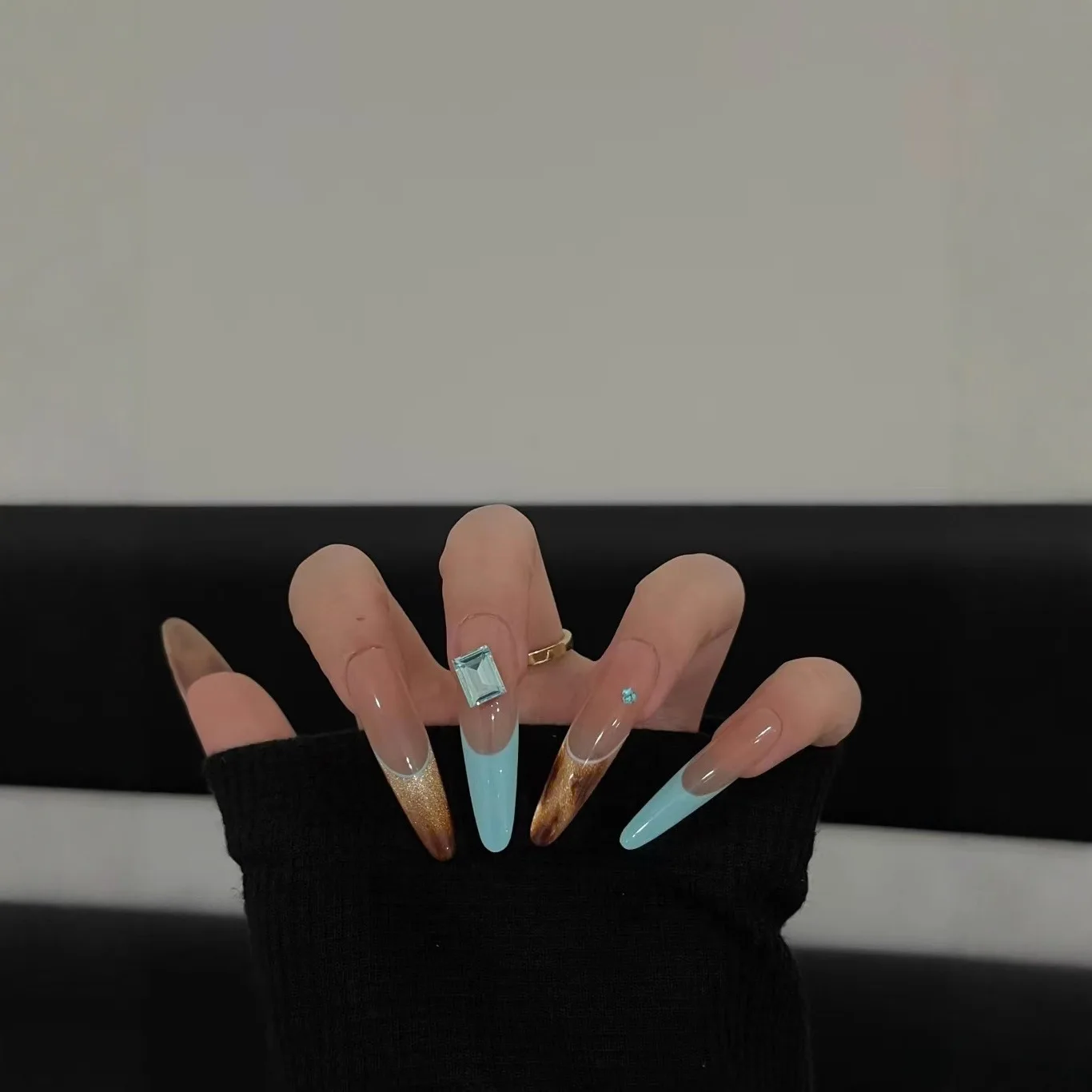 

10 шт., легкие роскошные длинные шпильки ручной работы, накладные ногти, французский леопардовый принт, кошачий глаз, декор со стразами, накладные ногти, носимые ногти