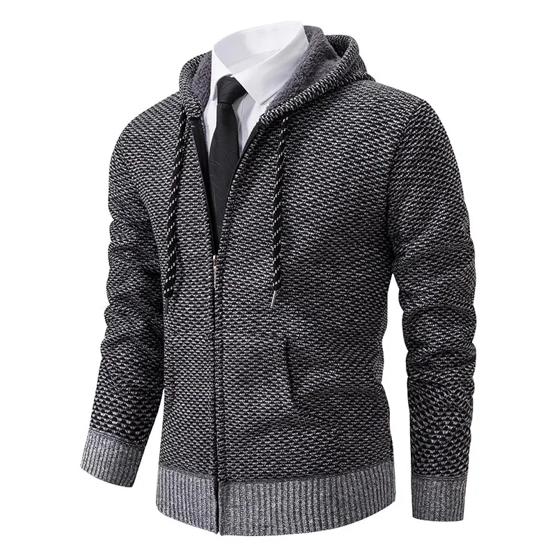 Winter Men's Fleece Cardigan Hooded Kintted Sweatercoat Men Business Casual Warm Solid Color Knitting  Jackets Zipper Cardigan