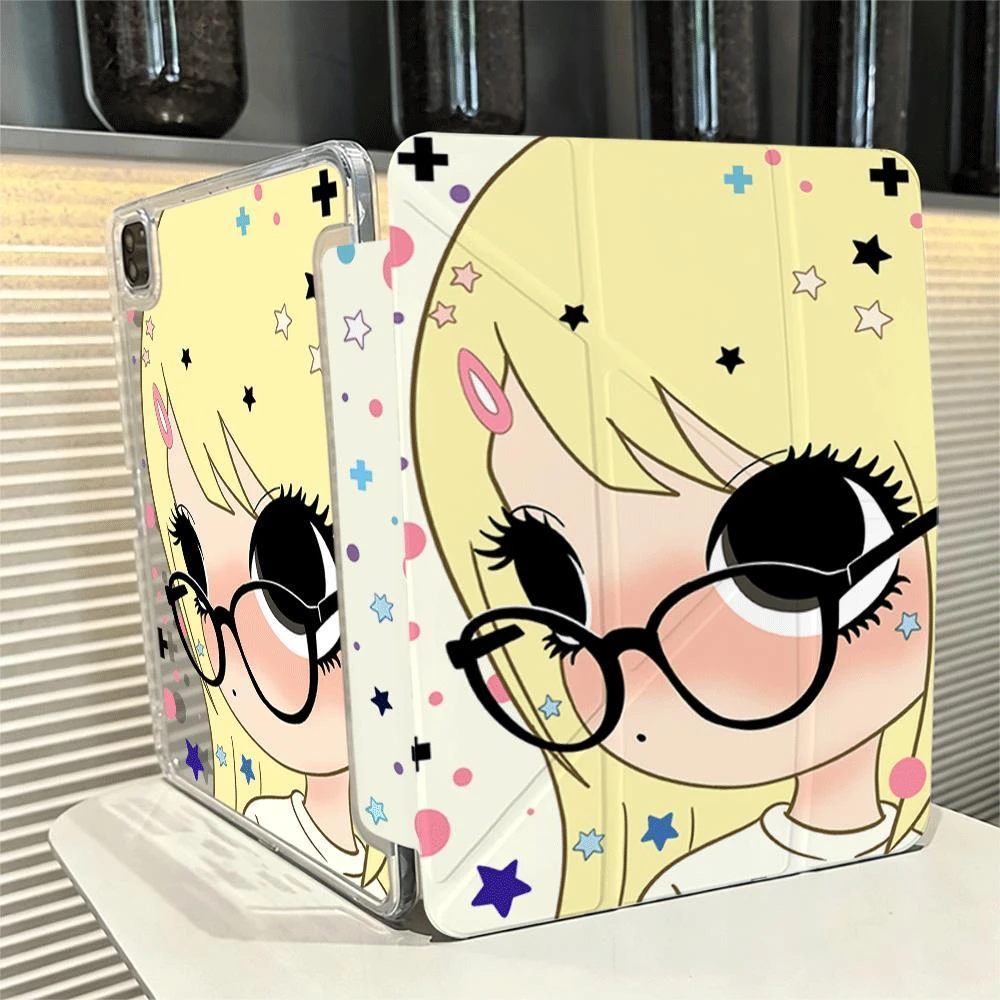 Cute Glasses Girl Tablet Case For iPad Pro 11 12.9 13 A16 M2 M4 M3 M5 Shell 8.3 9.7 10.2 5/6/7/8/9/10/11th Mini Air 3 4 5 Cover