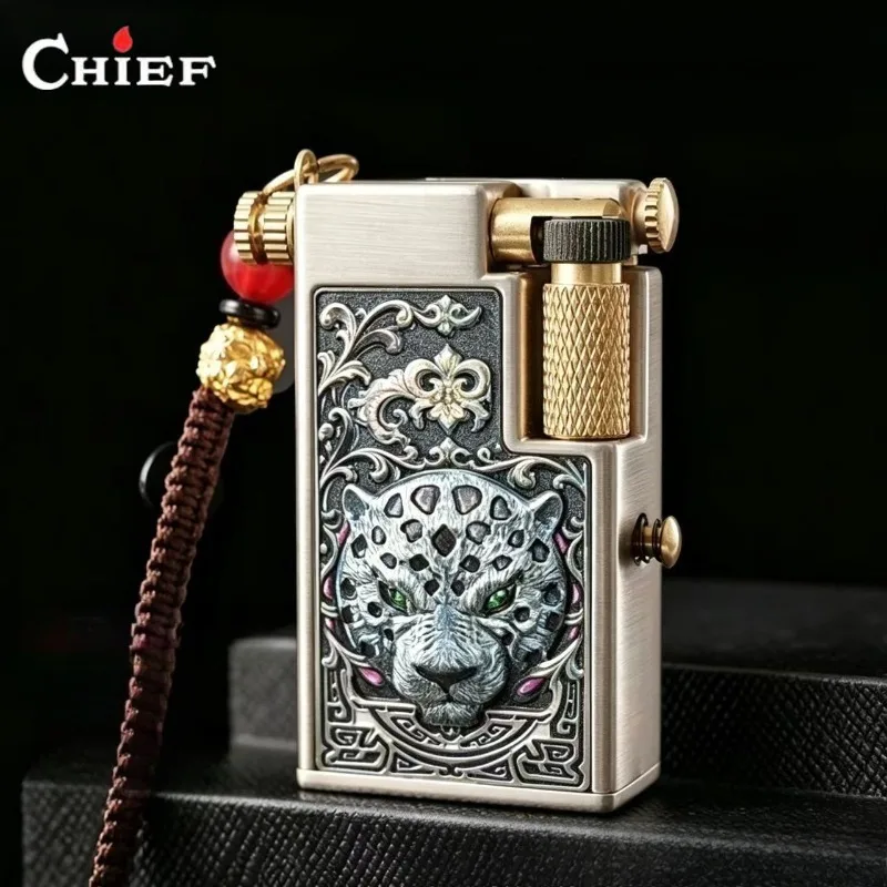 CHIEF Portable Windproof Oil Lighter, Flip Side Sliding Ignition, with Transparent Oil Compartment, Hanging Rope, Men's Gift