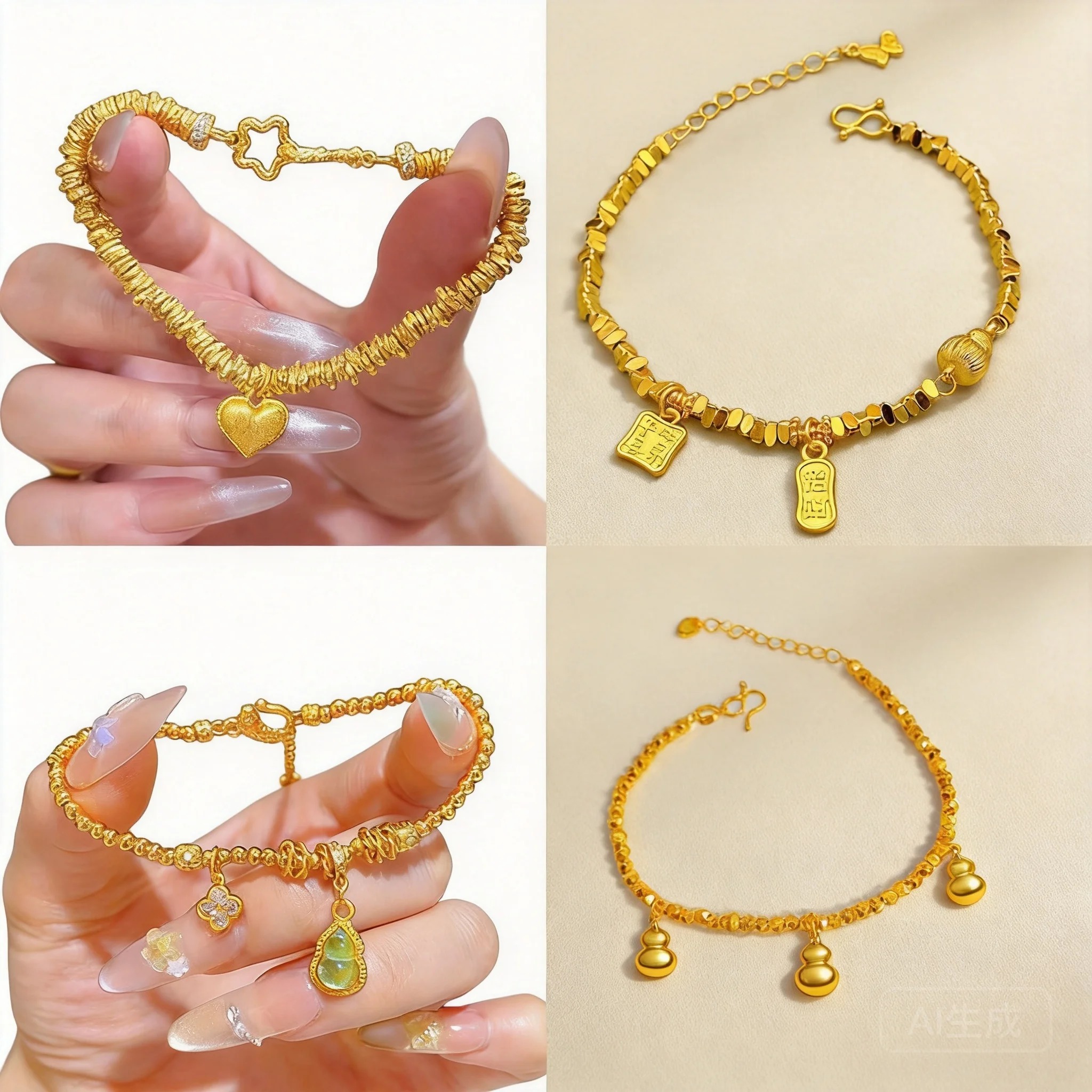 

Chinese Feng Shui Lucky Gold Plated Coiled Bead Bracelet For Women Auspicious Gourd Heart Charm Blessing Wealth Fortune Jewelry
