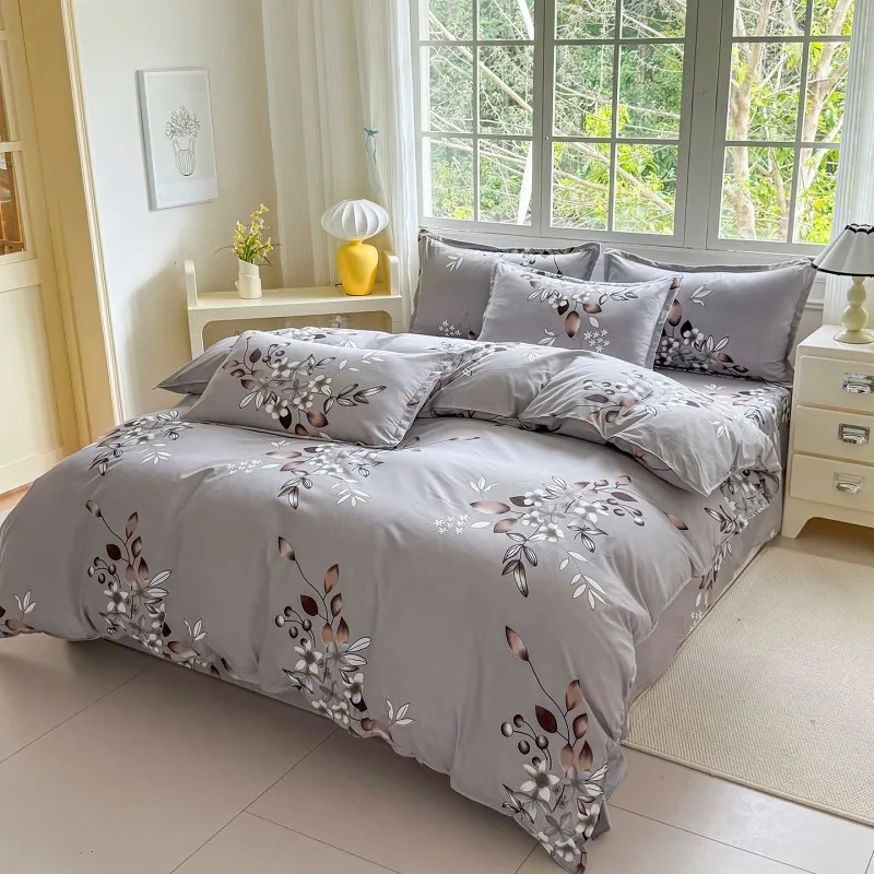 4pcs Grey Base Brown & White Floral Bedding Set, Soft Breathable Bed Linen with Duvet Cover, Pillowcases & Sheet,