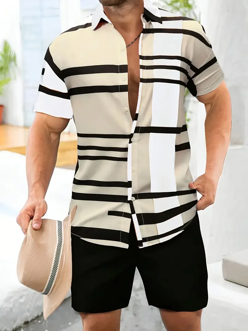 Men Shirts Sets Summer Vintage Stitching line Beach Short Sleeve Shirt Shorts Casual Trip Mens Hawaiian 2 Piece Suits Clothing