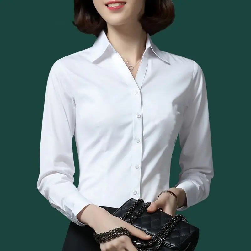 Spring Autumn New All-match Simplicity Office Blouse Long Sleeve Polo Neck Solid Slim Shirt Tops Elegant Fashion Women Clothing