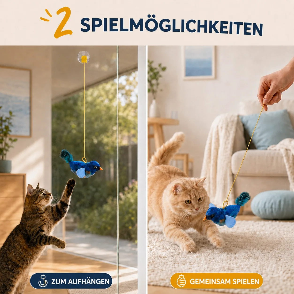 Interaktives hängendes Katzenspielzeug Vogel-Teaser mit elastischem Seil, Sound und Katzenminze, wandmontiertes Indoor-Spielzeug für Katzen und Kätzchen zum Jagen und Spielen – Detail 6