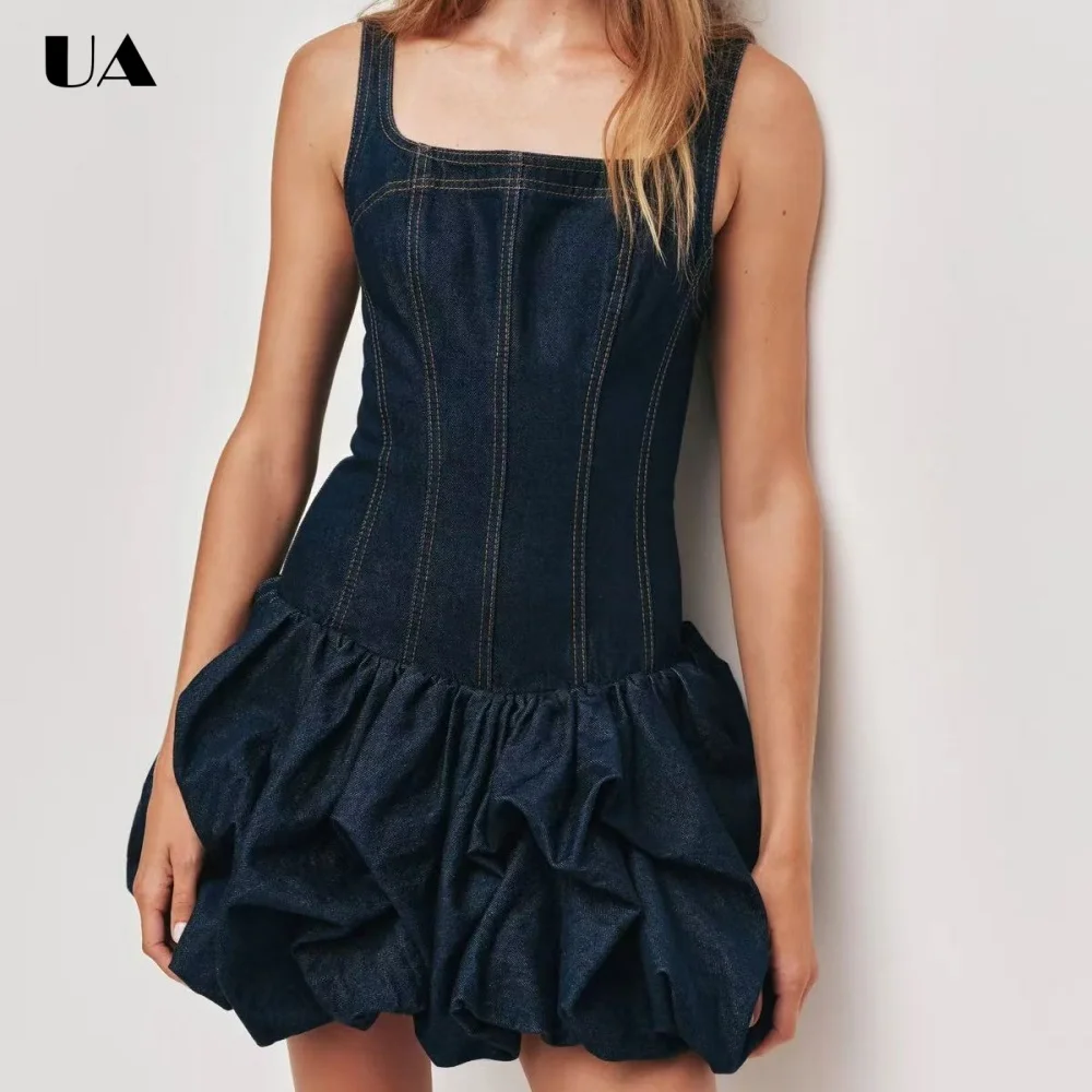 

Summer New Denim Square Neck Mini Dress, Fashionable Sleeveless Short Dresses for Women, Ins Style BUD Waist-chiching Dress