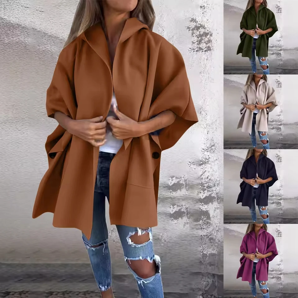 

Women And Winter Fashion Solid Color Lapel Casual Hooded Loose Cape Shawl Coat Autumn Winter Vintage Female Chic Tops