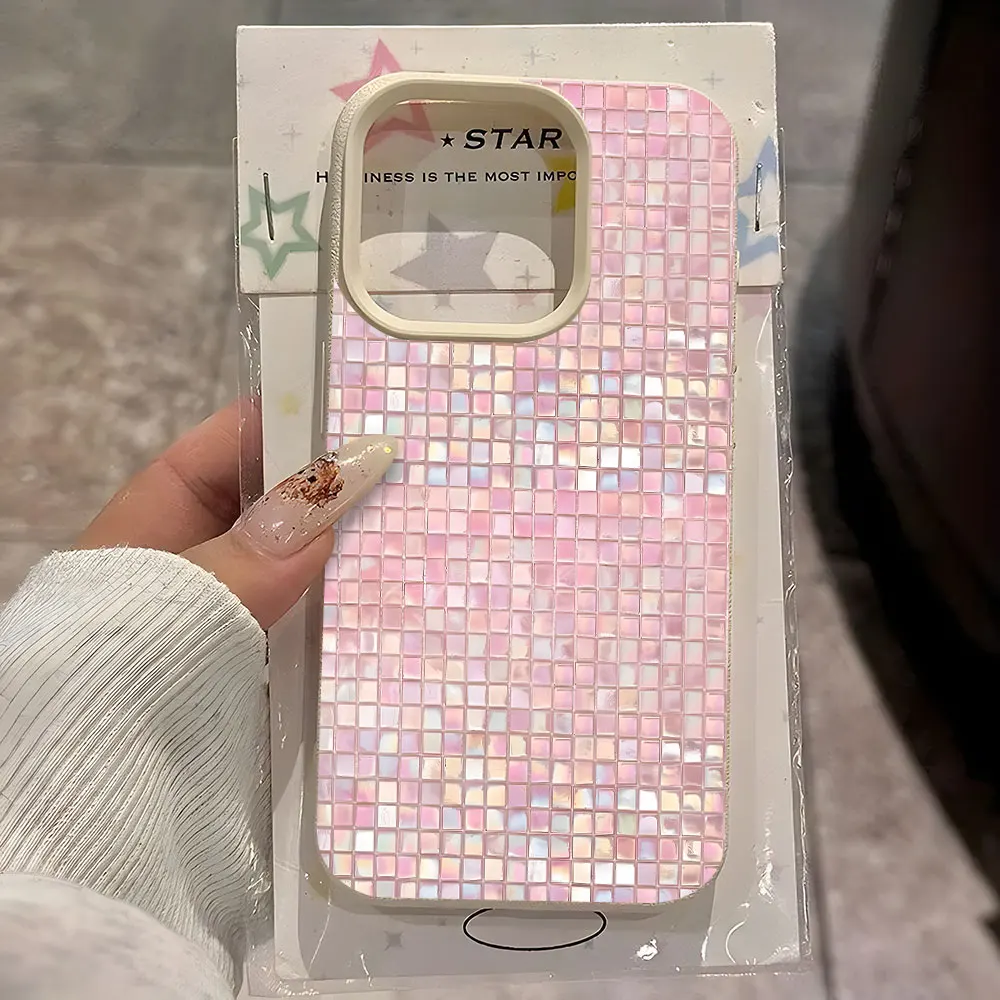 Capa de Celular Rosa com Padrão de Mosaico em Grade e Textura Lichia Macia para iPhone 17 Air 16 15 14 13 12 11 Pro Max 15 14 Plus X Xs XR, Capa Antichoque