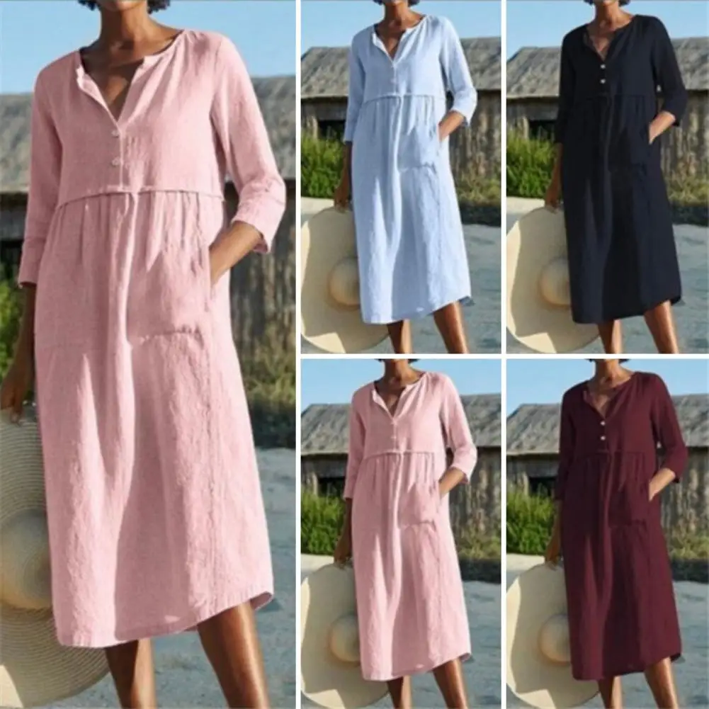 Mid-sleeve Dress Stylish Summer Midi Dress Loose Fit Half Sleeves Button Details Convenient Pockets for Women Loose Fit Dress