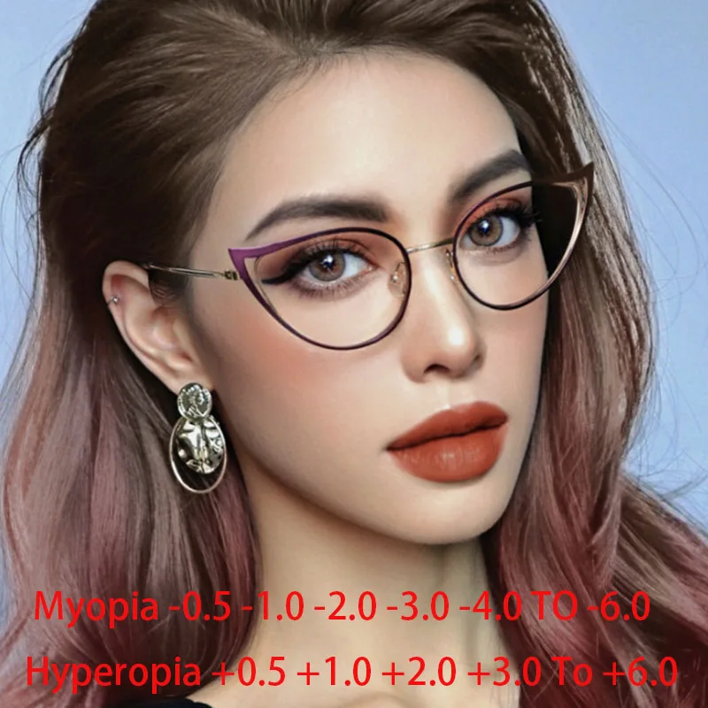 Metal Hollow Cat Eyes Frame Clear Glasses Women Myopia Nerd Spectacles  -0.5 -1.0 -2.0 to -6.0